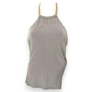 Michael Kors Brown Ivory Tan Herringbone Chevron Gold Chain Stretch Halter Top M